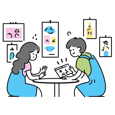 Two artists are sitting at a small round table in a cozy corner of the K-illustration fair. One artist, with short brown hair, is wearing a green shirt and denim overalls, gesturing animatedly while holding a sketchbook filled with illustrations. The other artist, with long wavy hair, is dressed in a blue dress and is leaning forward, examining the sketches closely. Around them, there are colorful illustrations displayed on the walls, and the background features soft lighting that enhances the warm atmosphere of the fair.