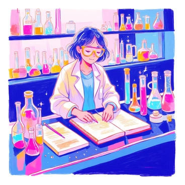 Moira is standing at a laboratory workbench, wearing a white lab coat and safety goggles. She has short, wavy hair tucked behind her ears. The lab is filled with an array of glowing test tubes and vials, each emitting different colors of light. An open notebook lies in front of her, filled with notes and sketches. Surrounding her are various scientific instruments, including a Bunsen burner and a microscope. Shelves in the background are lined with labeled jars and more laboratory equipment.