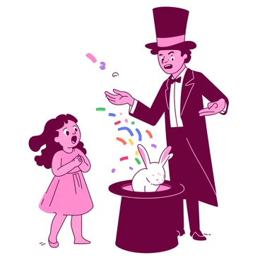 A pink little girl with big, wide eyes is standing in front of a magician. The magician, wearing a classic black tuxedo and a tall black hat, is pulling a white rabbit out from the hat with a look of concentration. The magician's other hand is gesturing theatrically. Colorful streamers and confetti are scattered around them, adding to the festive atmosphere. The girl’s mouth is open in surprise, and her hands are clasped together in delight, capturing her amazement at the magical moment.