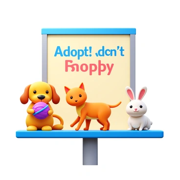 A subway ad featuring "adorable pets" including a golden retriever puppy with floppy ears, a fluffy orange kitten playing with a ball of yarn, and a small bunny with soft white fur. The ad includes the text "Adopt, Don't Shop" prominently displayed in a friendly font. The background is a soft pastel color to enhance the warmth of the images. Each pet is shown in a playful pose, conveying joy and innocence, encouraging viewers to consider adopting an animal.