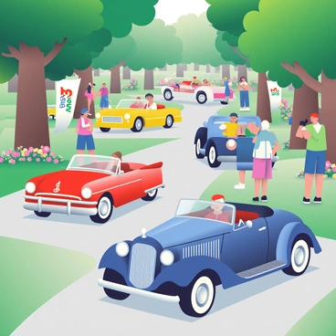 A vintage car show is taking place in a lush green park. Various classic cars are lined up in neat rows on a smooth gravel pathway. There is a shiny red convertible with a gleaming chrome bumper in the front. Next to it, a deep blue coupe with whitewall tires and intricate detailing catches the eye. Behind these, a bright yellow sports car with elegant curves is parked, showcasing its polished surface under the sunlight. Trees with thick trunks and rich green foliage surround the area, while clusters of colorful flowers are planted along the path. Spectators are admiring the cars, some taking photographs, while others discuss the unique features of each vehicle. Banners displaying the event name flutter gently in the breeze, completing the vibrant scene.