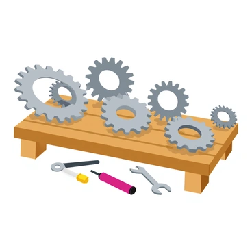 A collection of mechanical gears sorted by size, arranged neatly on a wooden workbench. The gears are made of shiny metal with intricate tooth designs and varying diameters. The largest gear is positioned on the left, gradually decreasing in size towards the right. Each gear reflects light in a slightly different way, creating a visually appealing array. The workbench has a natural wood grain finish, providing a warm backdrop to the metallic gears. Small tools like a wrench and screwdriver are scattered nearby, adding to the workshop atmosphere.