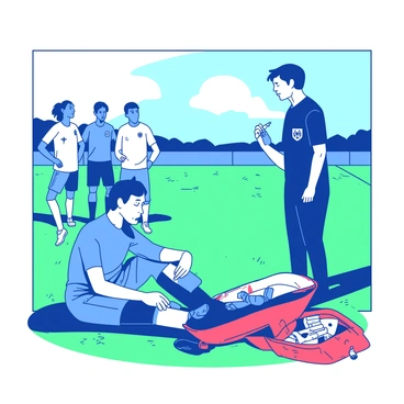 A blue football player is sitting on the green pitch, looking concerned as a medical staff member kneels beside him. The medical staff member is wearing a white uniform and is examining the player’s ankle, which is slightly swollen. Nearby, a red medic bag is open, revealing various medical supplies like bandages and ice packs. Other players in the background are watching with expressions of worry, while a referee in a black uniform stands nearby, holding a whistle in one hand. The sky above is bright and clear, adding to the intensity of the moment.
