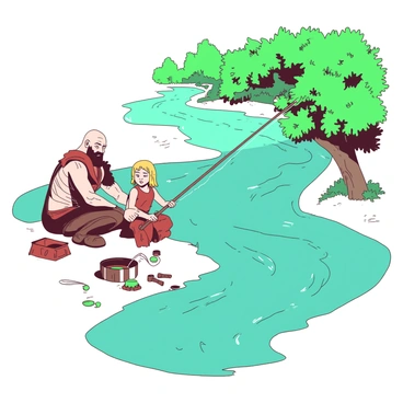 A teal river flows gently by a white riverbank, where Kratos and Atreus are sitting side by side. Kratos, with his muscular build and distinctive armor, is showing Atreus how to hold a fishing rod. Atreus, with his youthful features and eager expression, is listening intently. A few fishing supplies are scattered around them, including a small basket and some bait. In the background, trees with lush green foliage provide a serene atmosphere, and the sunlight filters through the branches, casting soft light on the scene.