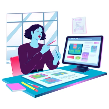 A student with medium skin tone and short black hair is sitting at a modern workspace, surrounded by various art supplies and digital devices. On the desk, there is a large sketchpad displaying colorful designs for a new project. The student holds a stylus, gesturing towards a vibrant digital concept displayed on a tablet. Brightly colored sticky notes and markers are scattered around, emphasizing the theme of creativity. The background features a large window with sunlight streaming in, illuminating the scene with a warm glow.