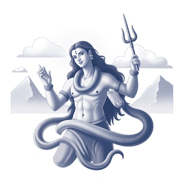 A figure of a deity with a strong and serene expression is portrayed. The deity has long, flowing hair, with a cobra coiled around the neck, its hood expanded and facing forward. The figure's skin is depicted as smooth and adorned with ash markings. The deity's arms are outstretched, with one hand holding a trident and the other positioned in a gesture of blessing. The background features stylized clouds and mountains, enhancing the scene's significance. "Protection" is subtly implied through the presence of the cobra and the deity's commanding presence.