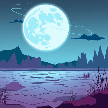 A large, ominous full moon with intricate craters and a glowing halo is casting a pale light over a barren landscape. The ground is cracked and dry, with patches of sparse, withered vegetation scattered throughout. Shadows stretch long across the terrain, creating stark contrasts between light and darkness. In the distance, jagged mountains loom under the moonlight, their peaks shrouded in mist. A few dark clouds drift slowly across the sky, partially obscuring the moon at intervals. The atmosphere is still and silent, evoking a sense of isolation in this desolate scene.