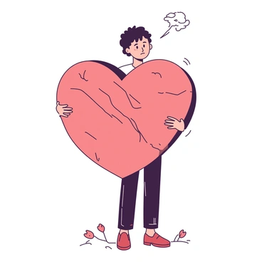 A figure stands with a solemn expression, holding a large heart made of stone in both hands. The heart appears heavy and rough, with visible cracks and an uneven surface, symbolizing the weight of anxiety. The figure has a slight bend in their posture, as if the weight of the heart is pulling them down. The surrounding area is minimal, emphasizing the figure and the stone heart, with a muted color palette of one color dominating the figure and another shade highlighting the heart's texture.