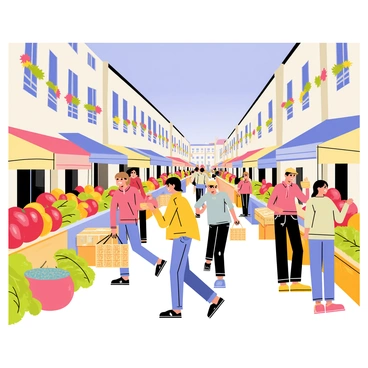 A bustling market scene in Annecy filled with vendors. Colorful stalls showcase a variety of fresh produce, including bright red tomatoes, green lettuce, and yellow bell peppers. Artisanal goods such as handmade cheeses and woven baskets are displayed prominently. People are walking through the market, interacting with the vendors. Some shoppers are filling their bags with vegetables while others sample cheeses. The background features charming buildings typical of Annecy, with flower boxes on the windowsills. A clear blue sky overhead adds a vibrant feel to the scene.