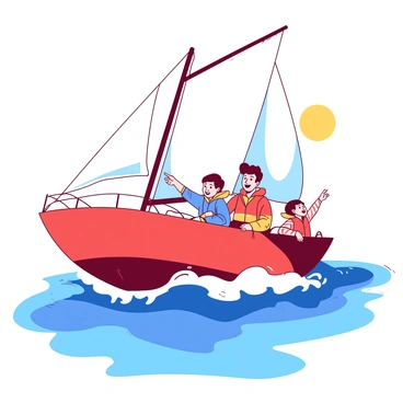 A red sailboat is gliding across the blue ocean waves, with white sails billowing in the wind. A family of four is aboard the sailboat, with two adults and two children, each wearing colorful life jackets. The adults are smiling and pointing towards the horizon, while one child is holding onto the railing, enjoying the splash of the waves. The other child is peering over the edge, looking excitedly at the water below. The sun is shining brightly above, casting shadows on the boat.