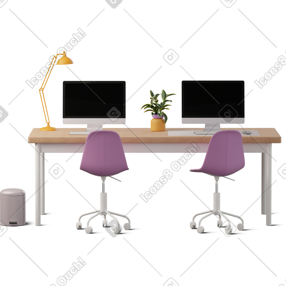 Front view of office desk with two monitors illustration clipart in PNG SVG