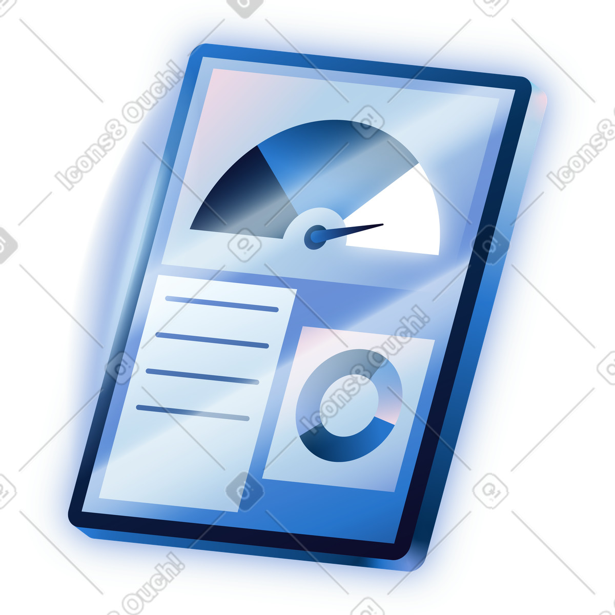 Blue tablet with analytics dashboard illustration in Dimension style download in PNG, SVG