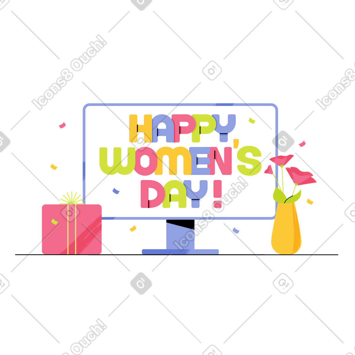 下载 Juicy 风格的 Colorful happy women's day lettering on digital display, event greeting for international 插画，支持 PNG、SVG 格式