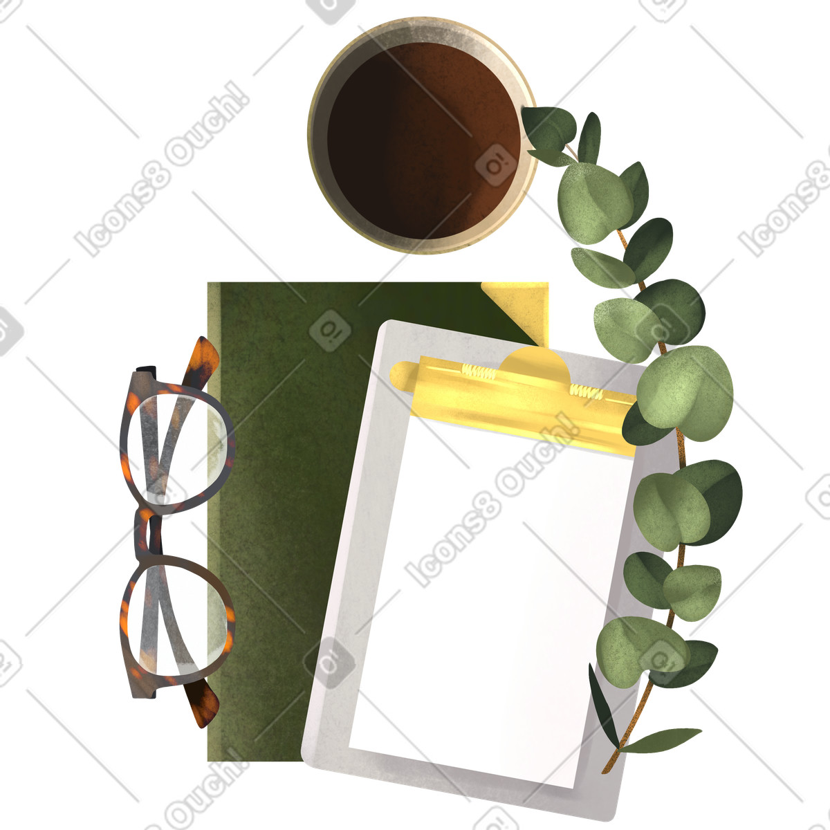 Notepad with glasses and a cup of coffee top view illustration in PNG, SVG