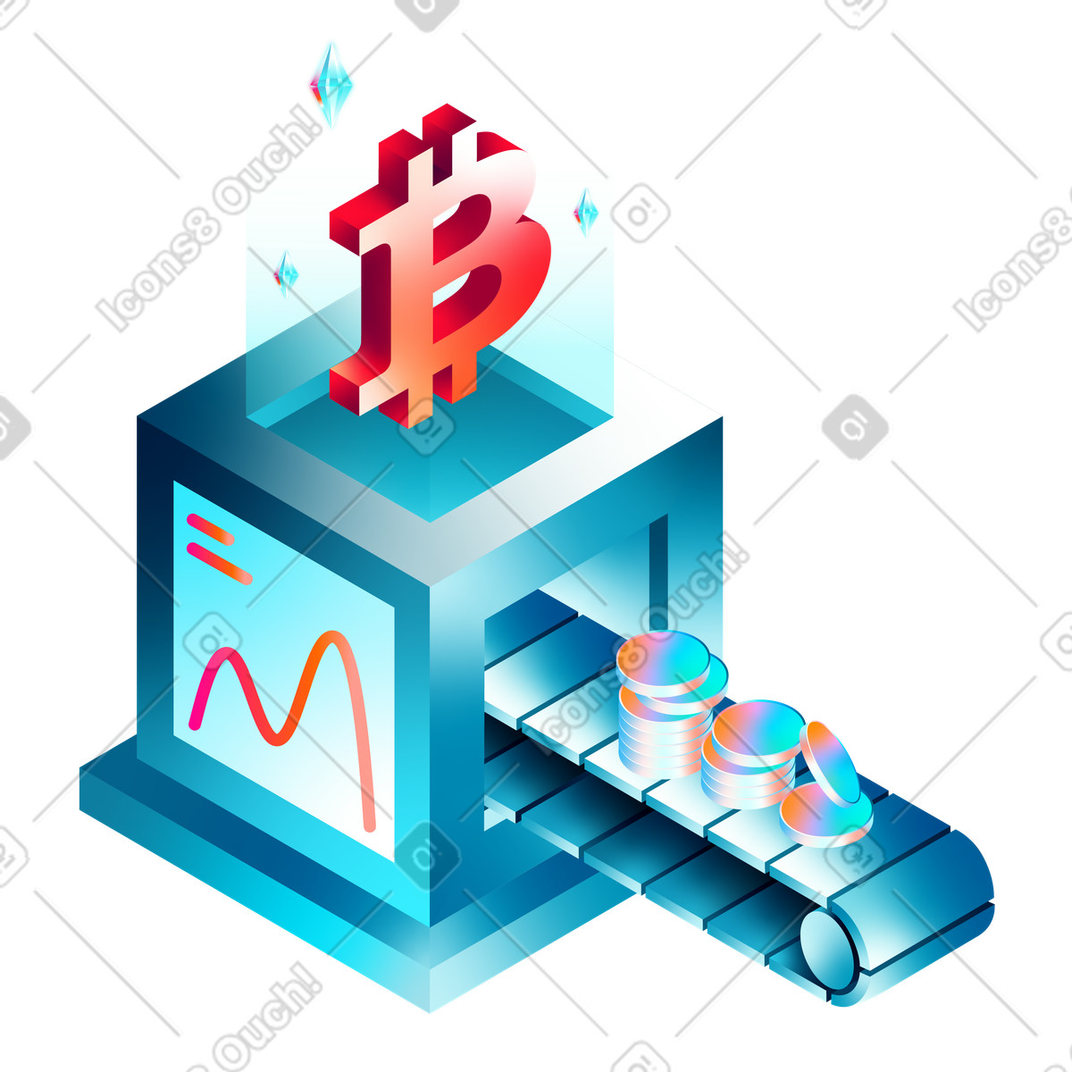 Mining cryptocurrency: bitcoin and ethereum animated illustration in GIF, Lottie (JSON), AE