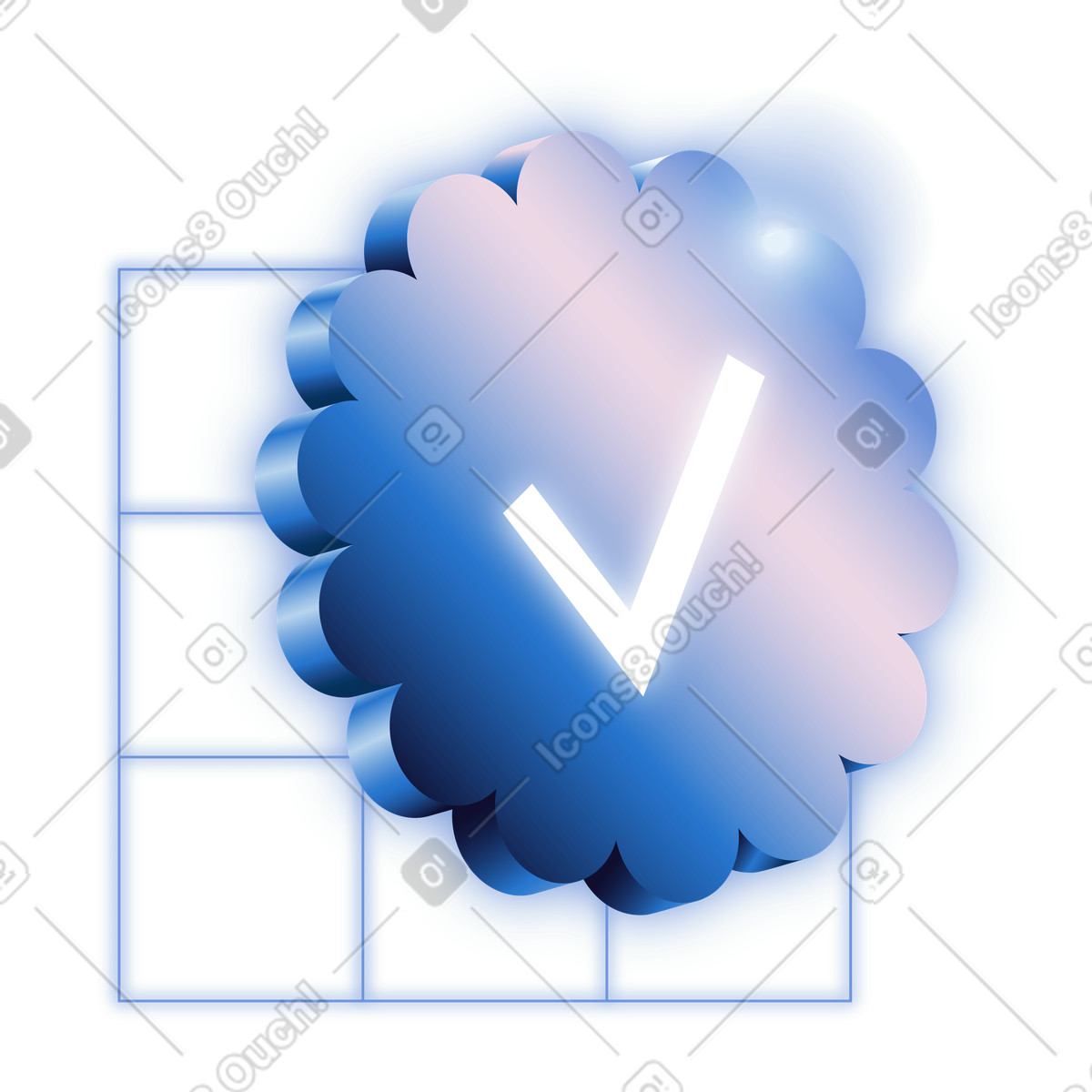 Glowing tick icon on blue badge, online account verification and approval status illustration in Dimension style download in PNG, SVG