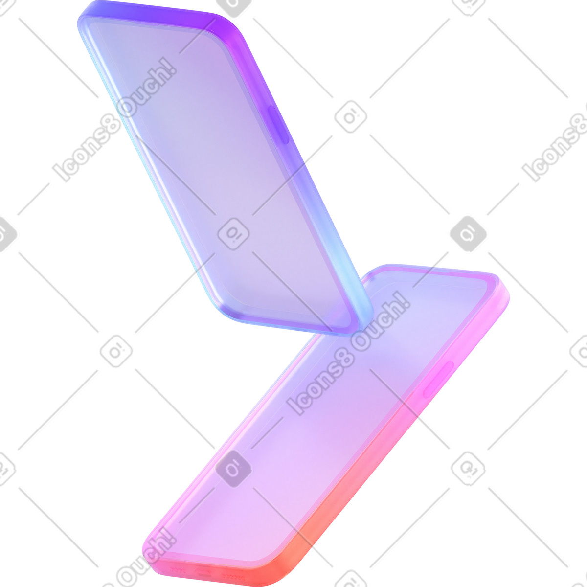 Two gradient smartphones illustration in 3D Glassy style download in PNG, SVG