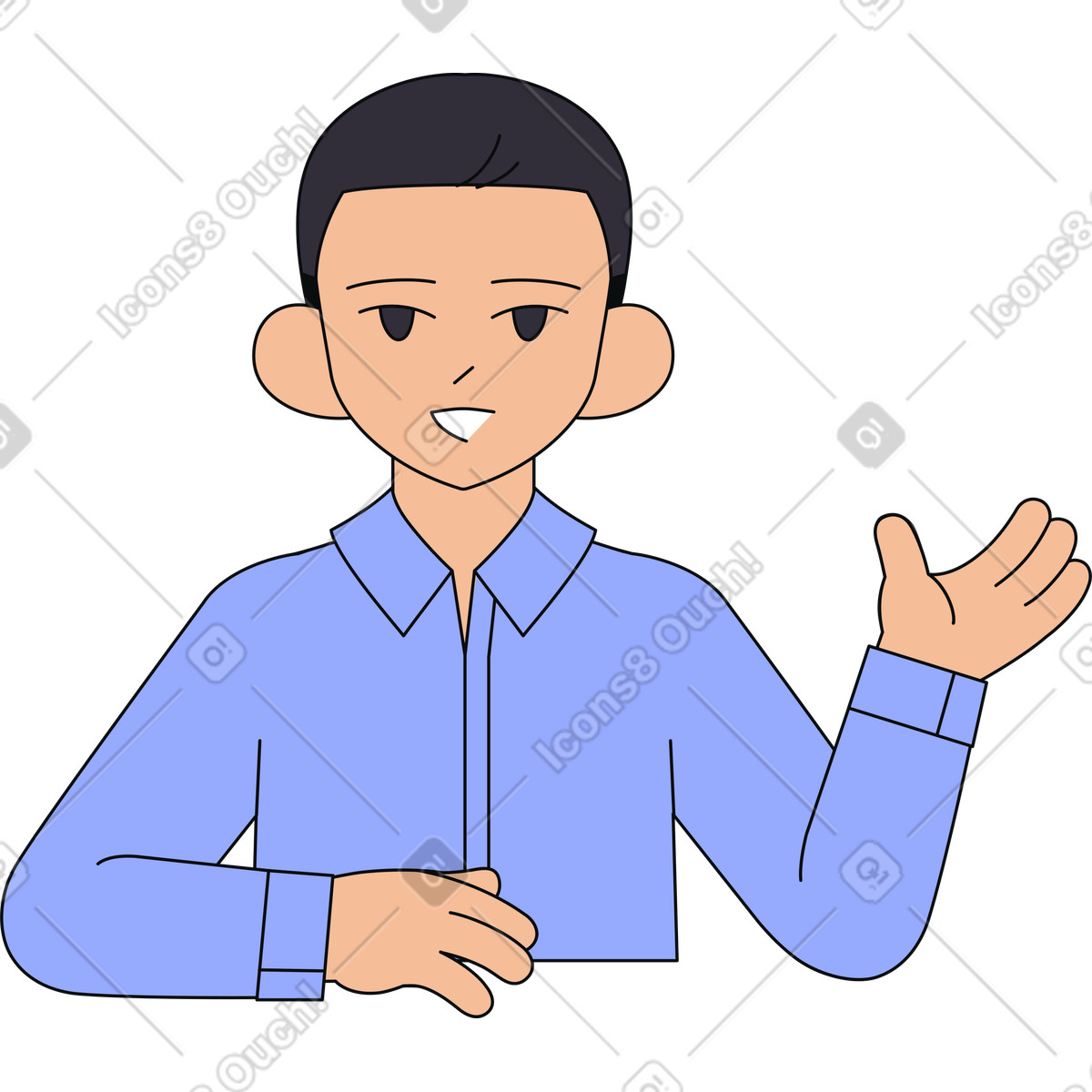 Illustration Jeune homme parlant avec un mouvement expressif de la main dans le style Teko à télécharger aux formats PNG, SVG