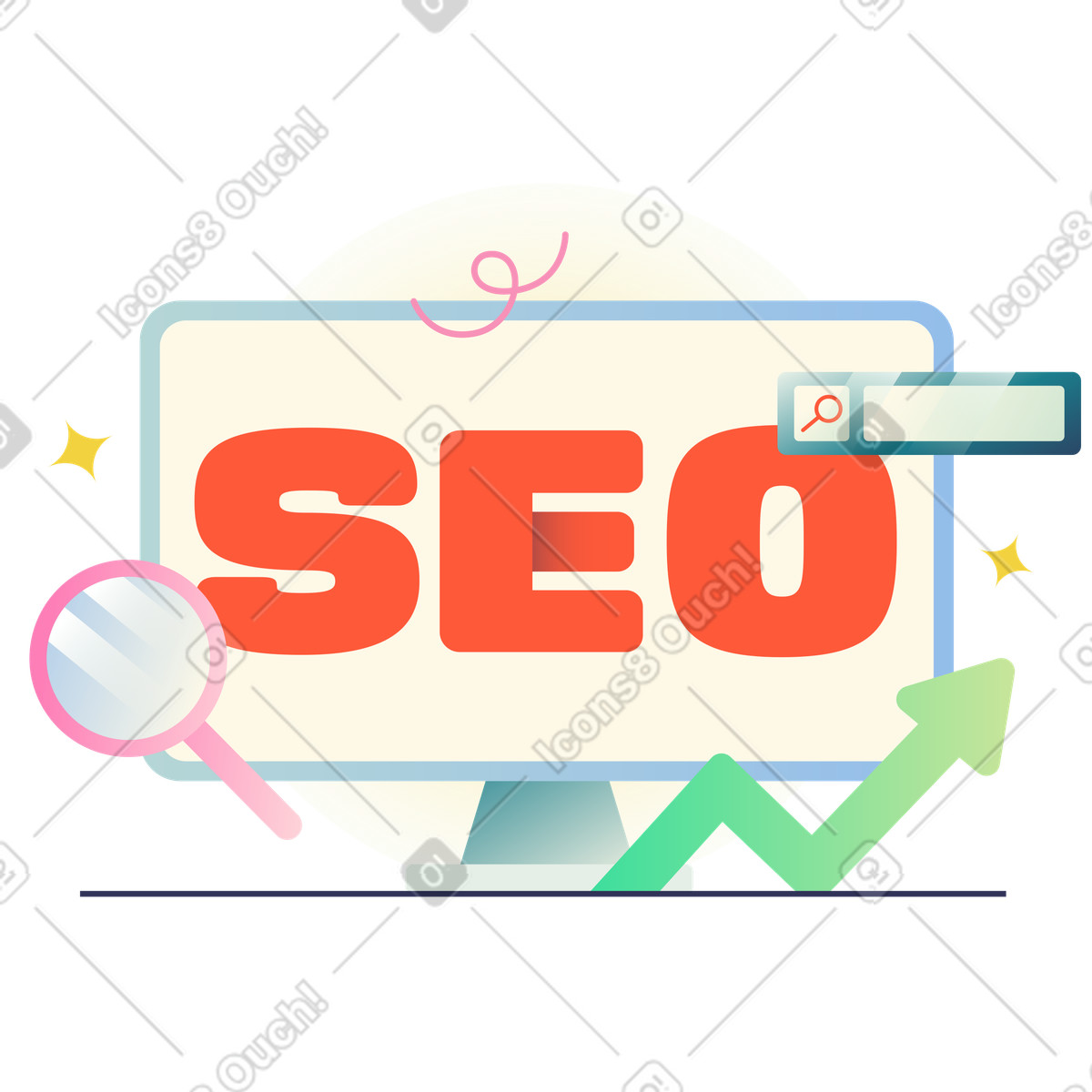 Ilustración Letras seo con lupa en estilo Beam a descargar en PNG y SVG