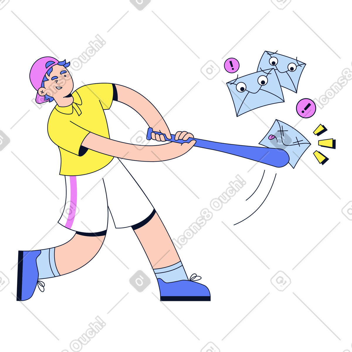 Smashing spam emails with baseball bat, Email security and junk mail prevention illustrazione in stile Flexy scarica in PNG, SVG
