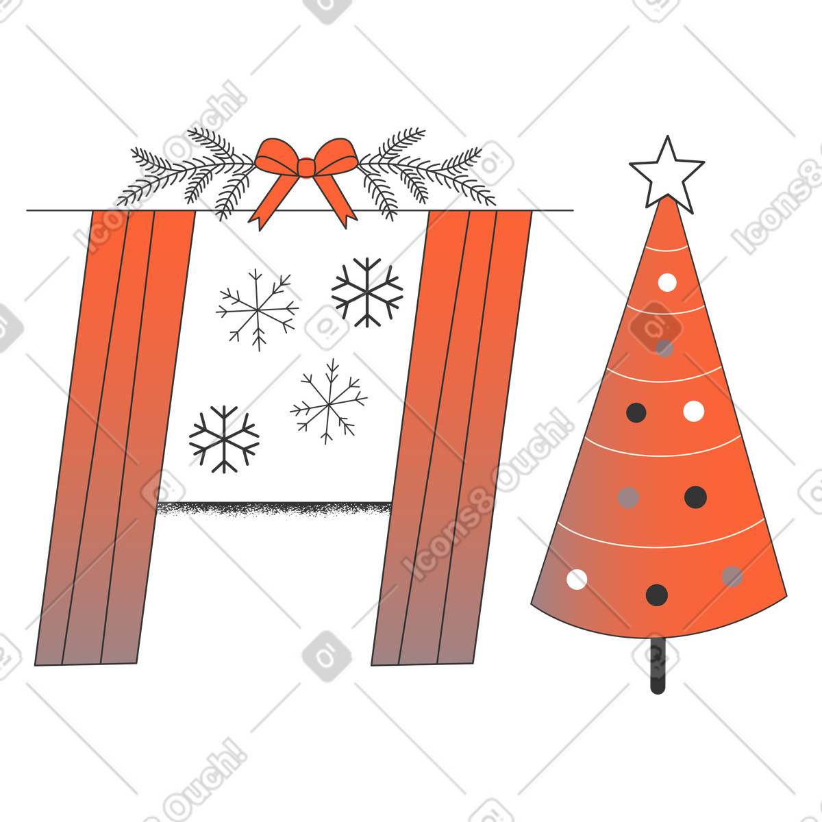 Snowflakes outside window and Christmas tree, Cozy holiday interior illustration in Crayon style download in PNG, SVG