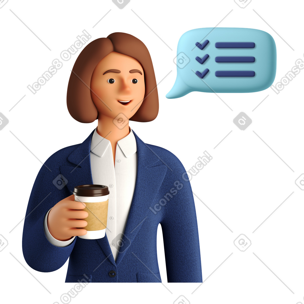 Businesswoman on a coffee break after finishing all tasks illustration in 3D Business style download in PNG, SVG