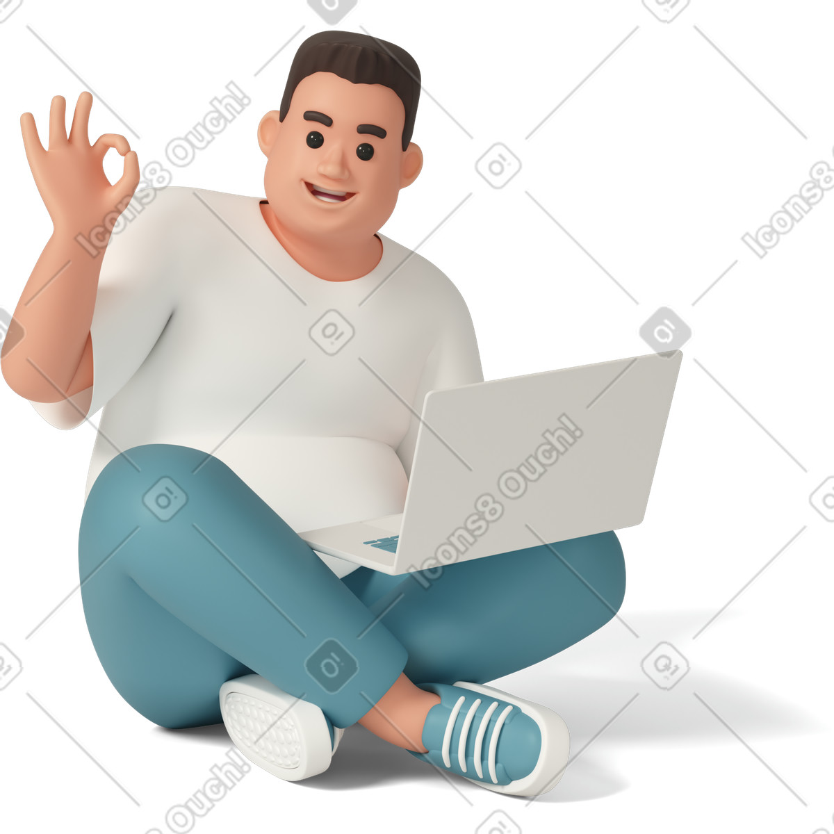 3D Casual life スタイルの Giving ok hand sign with laptop, positive remote work vibe のイラストをPNG、SVG形式でダウンロード