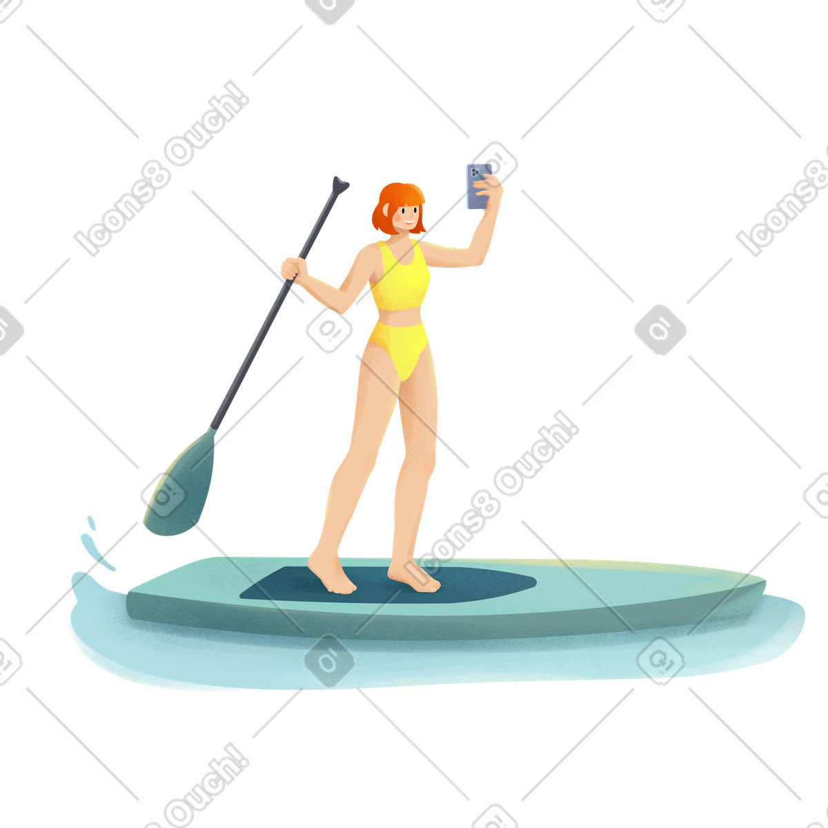 Shine スタイルの Young woman in yellow swimming suit is taking a selfie standing on sup board のイラストをPNG、SVG形式でダウンロード