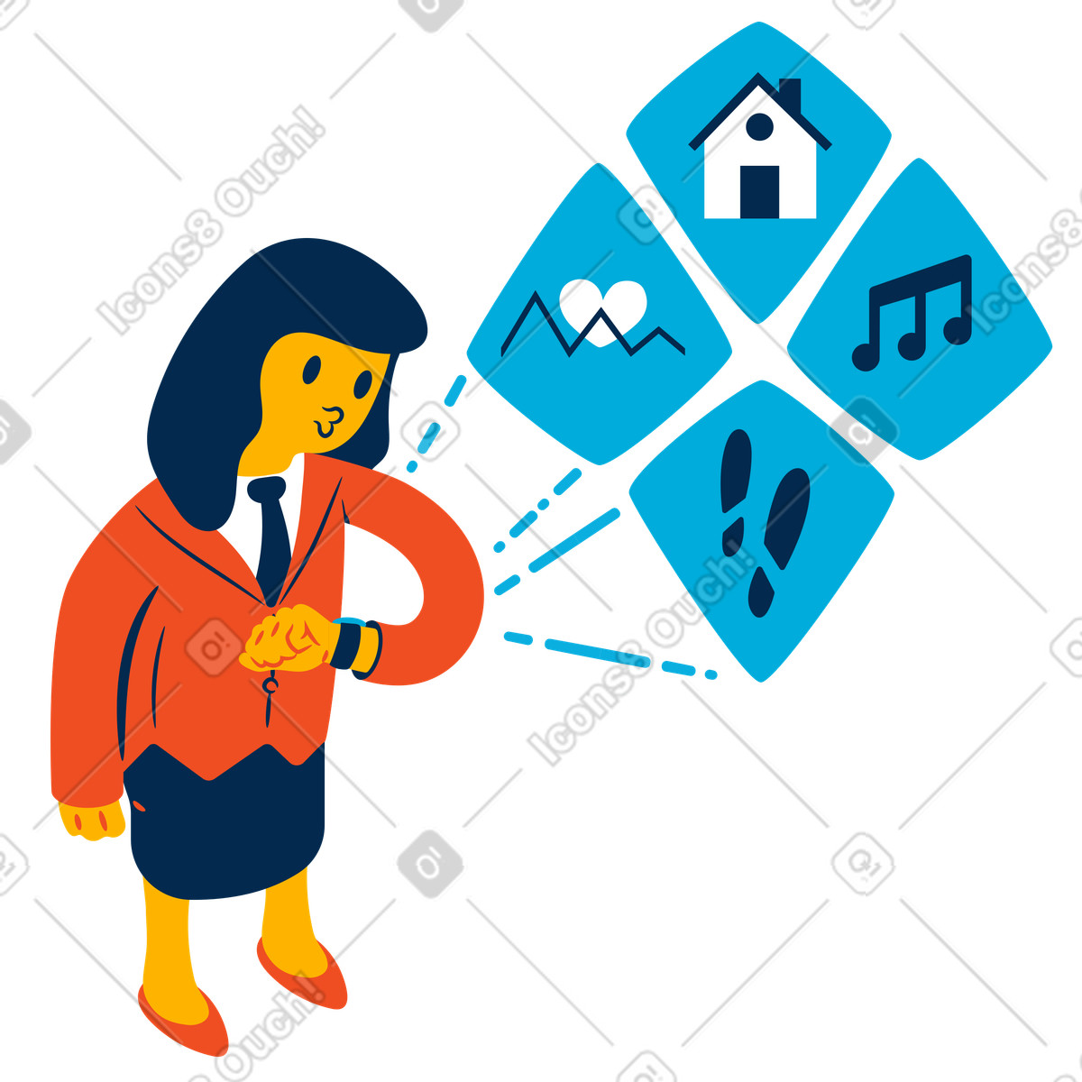 Frau schaut auf den smartwatch-bildschirm-Illustration im Flame-Stil als Download in PNG, SVG