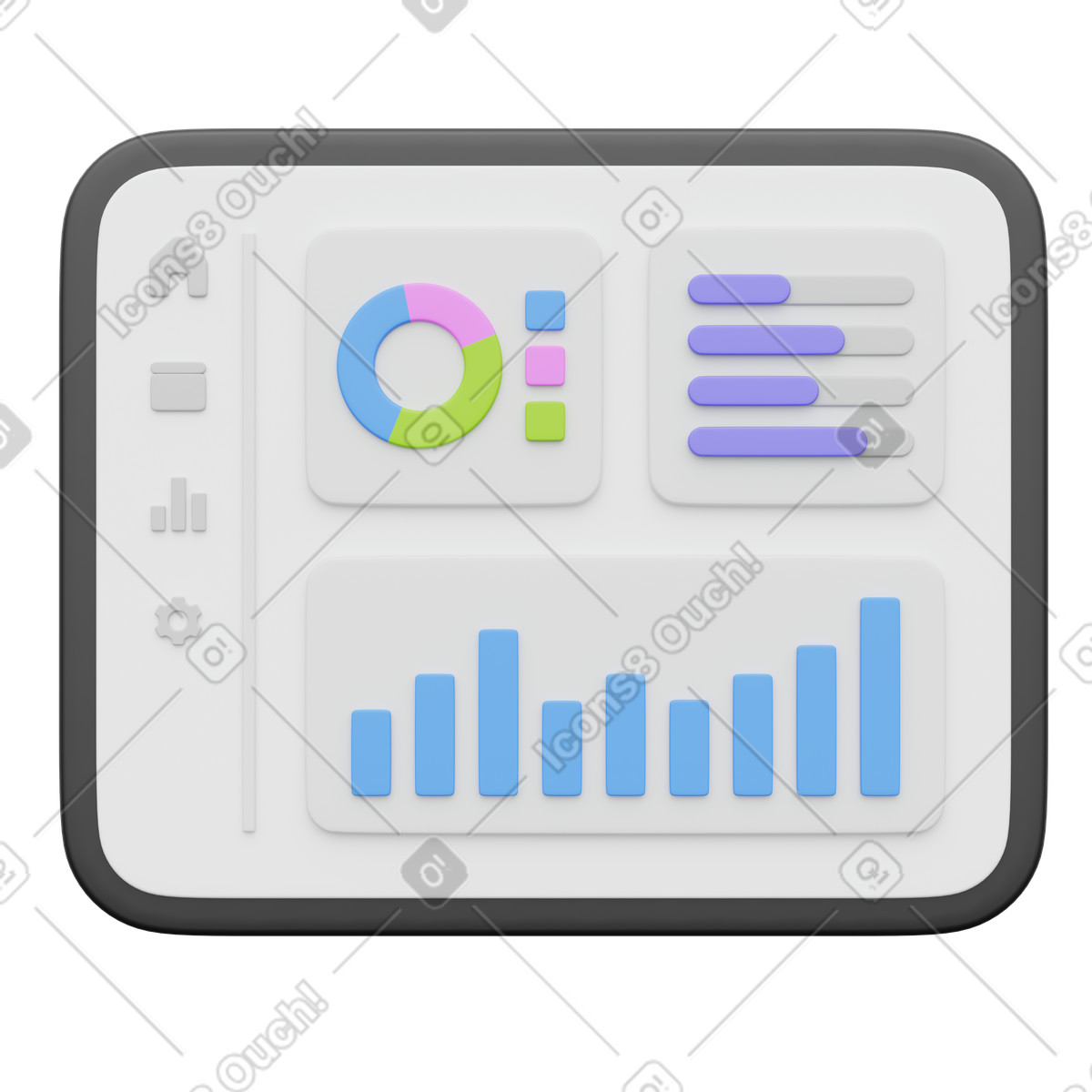 Analytics dashboard screen, business data visualization, financial metrics charts illustration in 3D Playful style download in PNG, SVG