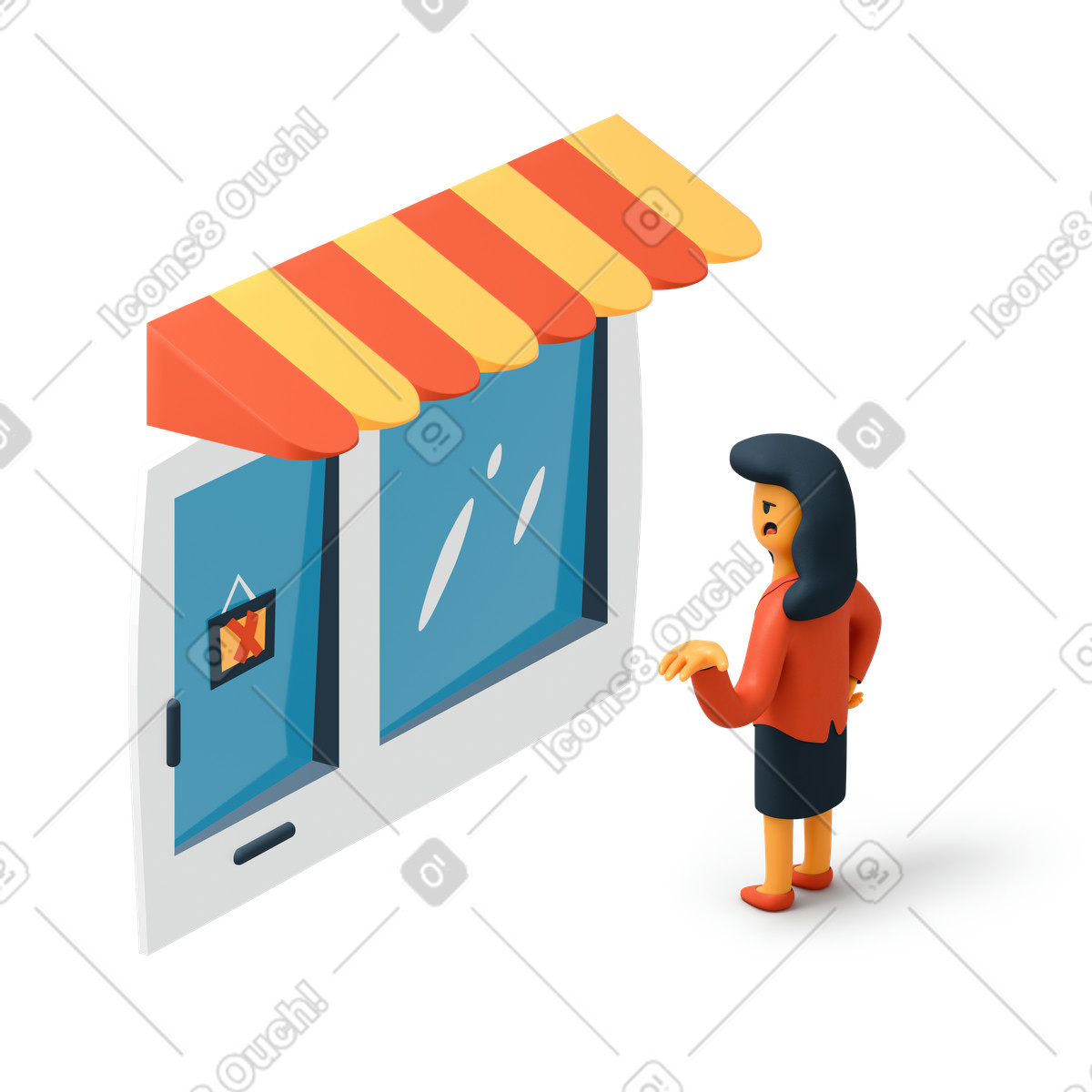 Illustration Femme en costume debout devant un magasin fermé dans le style 3D Flame à télécharger aux formats PNG, SVG