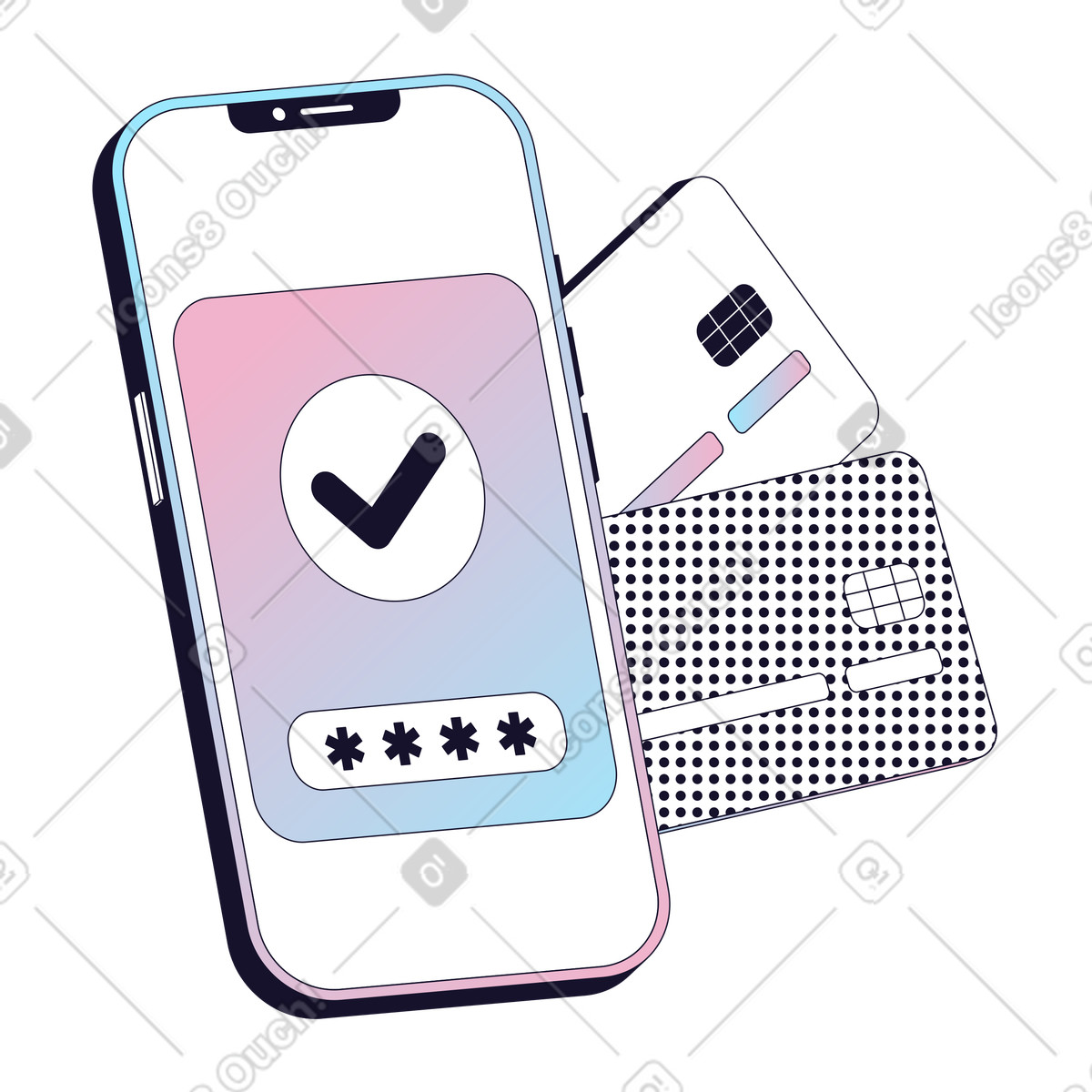Smartphone with verification checkmark illustration featuring digital wallet clipart and secure online payment graphics