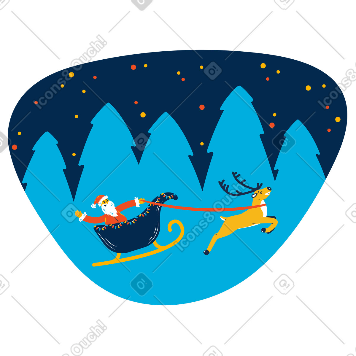 Santa in sleigh with deer flying above the forest illustration Flame style download PNG, SVG