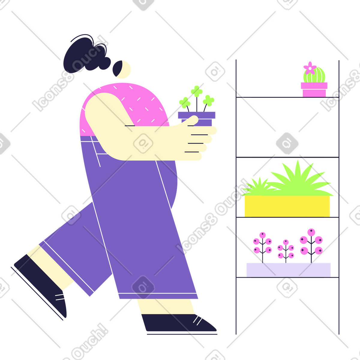 Ilustración Mujer construyendo un jardín vertical en estilo Mellow a descargar en PNG y SVG