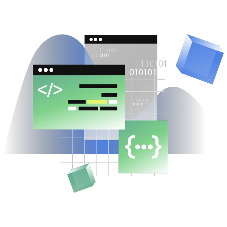 Abstract shapes and code snippets - Network style illustration