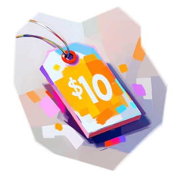 A price tag shaped like a small canvas features a textured surface resembling a miniature painting. The tag is adorned with vibrant colors, including deep blues, bright yellows, and vivid reds, creating an eye-catching effect. A neatly printed price in white font is centered on the tag, surrounded by decorative brushstroke patterns that enhance its artistic appearance. The tag has a small hole at the top, through which a string is threaded, allowing it to be easily attached to a product.
