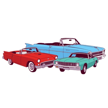 A collection of vintage cars is displayed on a white illustration board. The board features several detailed drawings of classic cars, each showcasing unique designs and characteristics. There are three cars prominently featured: one is a red 1950s convertible with elegant curves, another is a blue 1960s muscle car with bold lines and a powerful stance, and the third is a teal vintage sedan with intricate chrome detailing. The background of the board is left blank to highlight the cars, creating a striking visual contrast. Each drawing has fine lines and shading that emphasize the craftsmanship and timeless elegance of these vintage automobiles.