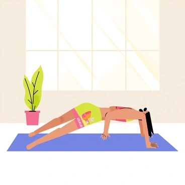 A person is performing the "superman" exercise, lying face down on a bright blue yoga mat. Their arms and legs are stretched out, reaching towards the edges of the mat. Sunlight streams through a large window, casting soft golden rays across the room. The walls are a light pastel color, and a potted green plant sits in the corner, adding a touch of nature to the scene. The person's expression is focused and determined as they engage in the exercise.
