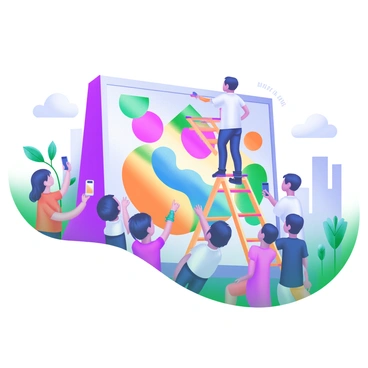 A scene depicting an artist standing on a ladder, painting a vibrant mural on a large wall with bright colors. The mural features abstract shapes and bold patterns. Below, a crowd of fascinated onlookers, including children and adults, gazes at the artist in admiration. Some people are taking photos with their phones, while others are pointing at the mural. The setting includes various plants and urban elements in the background.