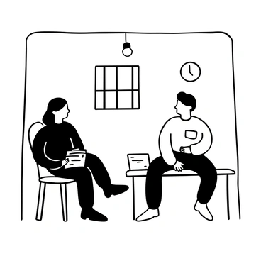 A counselor sitting on a simple wooden chair across from an inmate, who is seated on a metal bench in a small, private jail cell area. The cell has concrete walls with a small barred window letting in a few beams of light. A small table with a stack of papers and a pen is positioned between them. The counselor has a clipboard resting on their lap, while the inmate looks down at the table. There is a small clock on the wall and a solitary lightbulb hanging from the ceiling, casting shadows across the scene.