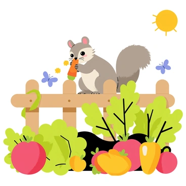 A cheeky squirrel with fluffy gray fur and a bushy tail is nibbling on a bright orange carrot in a lush garden. The squirrel is perched on a wooden fence, surrounded by vibrant green leaves and various colorful vegetables. There are ripe red tomatoes, leafy lettuce, and yellow bell peppers scattered around in the garden bed. A few butterflies flutter nearby, and the sun casts a warm glow over the scene.