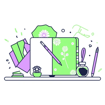 An elegant stationery set is displayed on a wooden desk. The centerpiece is a large, open notebook with a green cover, featuring cornflower illustrations on the front. Next to the notebook, there is a matching set of green envelopes stacked neatly. Scattered around the stationery are several green and purple pens positioned at different angles. A delicate paperweight in the shape of a cornflower rests on the desk, adding a touch of sophistication. A small, green ink bottle is placed beside the notebook, with a quill resting across the cover.
