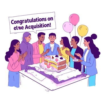 A group of diverse employees is gathered around a large cake placed on a white table. The cake is decorated with intricate patterns and has "Congratulations on the Acquisition!" written in bold letters on top in a vibrant color. The employees are smiling, some are clapping, and others are holding small plates ready to take a slice. In the background, there are colorful balloons and banners to celebrate the occasion. The atmosphere is lively, with expressions of joy and accomplishment on everyone's faces.
