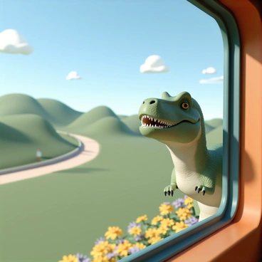 A large T-Rex with textured green skin and distinct scales is peeking out of a train window. The train is moving swiftly through a scenic countryside filled with rolling green hills, vibrant wildflowers in shades of yellow and purple, and a clear blue sky above. The T-Rex's sharp teeth are slightly visible as it curiously gazes outside, while its tiny arms are positioned against the window frame. In the background, there are a few fluffy white clouds drifting lazily and a winding dirt road cutting through the lush landscape.