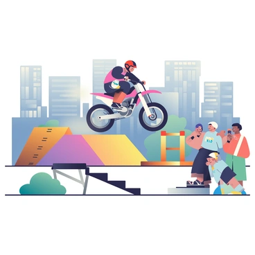 A dirt bike with a shiny black frame is navigating a challenging urban obstacle course. The background features tall, grey concrete buildings and graffiti-covered walls. The course includes various ramps made of wood and metal, alongside barriers made of tires and wooden planks. The dirt bike's rider is wearing a red and black helmet and protective gear. Dust is kicked up as the bike leaps off a ramp, showcasing its impressive speed and agility. In the foreground, a group of spectators is watching the action, some cheering and others capturing the moment with their smartphones.