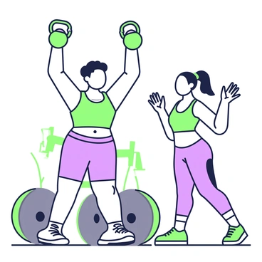 A person is lifting a kettlebell with determination in a gym setting. They have a focused expression and are wearing a fitted workout shirt and shorts. The kettlebell is raised above their head, showcasing their strength. Nearby, a friend is cheering them on, with an encouraging smile and raised hands. The friend is wearing a tank top and workout leggings, standing in an enthusiastic pose. In the background, gym equipment such as dumbbells and a weight bench can be seen. The atmosphere conveys a sense of support and motivation.