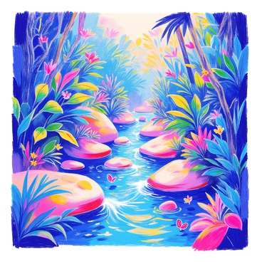 A dense jungle scene depicts a creek flowing over smooth, rounded rocks. The water glistens in the sunlight, creating shimmering reflections. Lush tropical plants surround the creek, with large green leaves and vibrant flowers adding color to the landscape. Various shades of green dominate the foliage, while the rocks provide a natural contrast with their earthy tones. Birds can be seen perched on branches, and a few colorful butterflies flutter nearby. The atmosphere is filled with the sound of flowing water and the rustle of leaves.