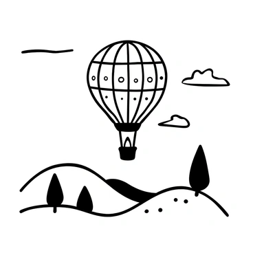 A hot air balloon with intricate patterns and designs ascending into the sky above rolling hills. The balloon's envelope is fully inflated, and the flame from the burner is visible below. The hills in the background are softly rounded, dotted with trees and patches of grass. A few clouds float in the sky, creating a sense of depth and openness in the scene.