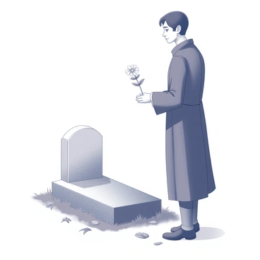 A solitary figure stands next to a gravestone, dressed in dark clothing that blends into the surroundings. The figure holds a single flower delicately in their hand, positioned near the gravestone as if offering a tribute. The expression on the figure's face reflects a deep sense of reflection and sorrow, capturing the essence of a moment filled with emotion. The grave is marked with a simple, weathered headstone, surrounded by patches of grass and a few fallen leaves, indicating the passage of time.