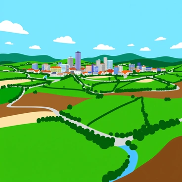 An aerial view of a vibrant city with tall buildings and colorful rooftops, gradually expanding outward into lush green countryside. The city features a mix of modern skyscrapers and traditional architecture. Surrounding the urban area, winding roads connect to sprawling fields peppered with trees and small farms. The countryside displays a patchwork of different shades of green and brown, with a few winding rivers reflecting the sunlight. In the distance, gentle hills rise against a clear blue sky dotted with fluffy white clouds.